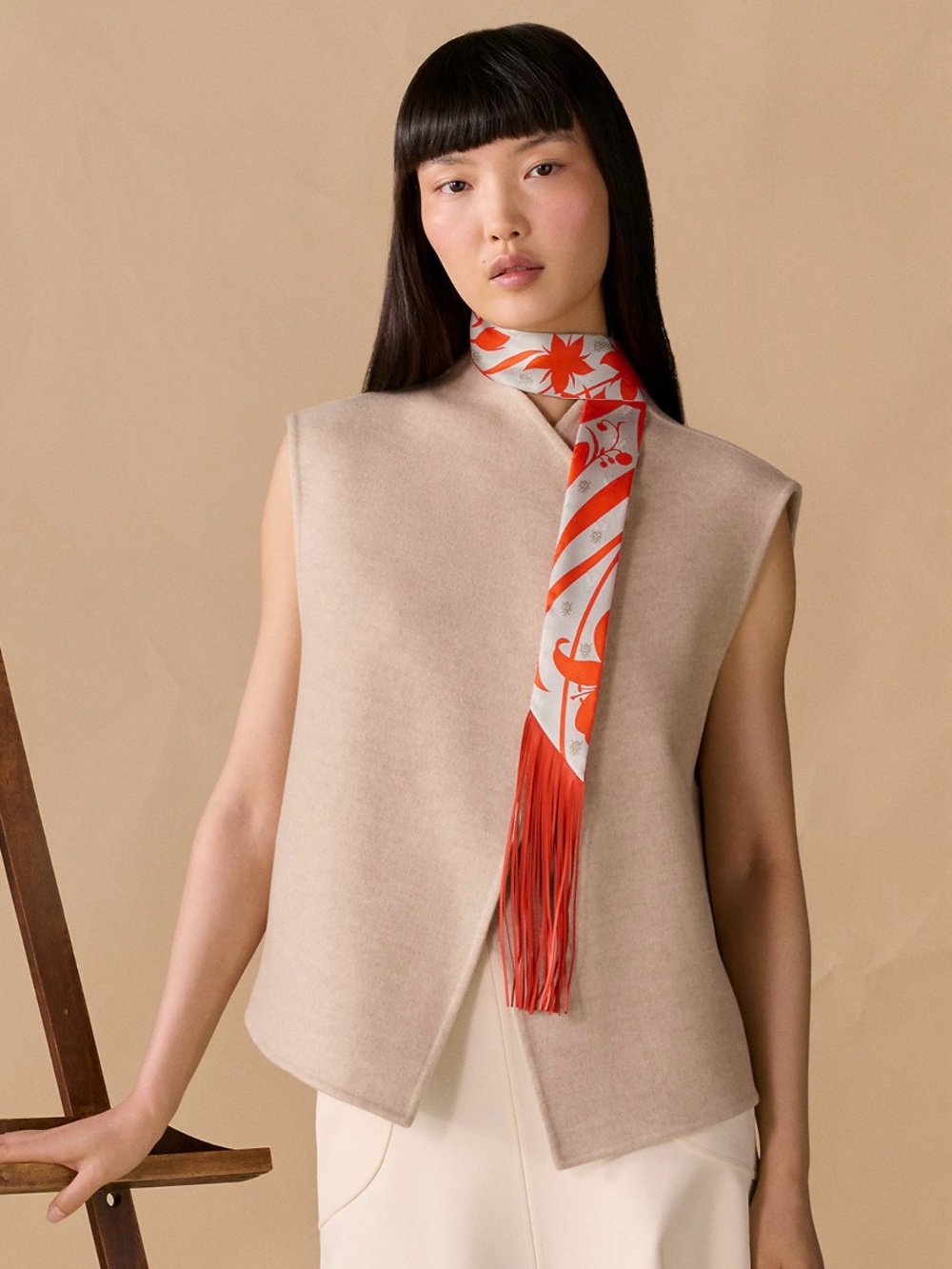Hermes Fringe Twilly Orange Floral multicolor Scarf